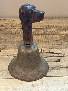 VINTAGE LARGE BRASS DINNER BELL WOOD DOG HANDLE WITH GLASS EYES (1E) - Picture 1 of 9