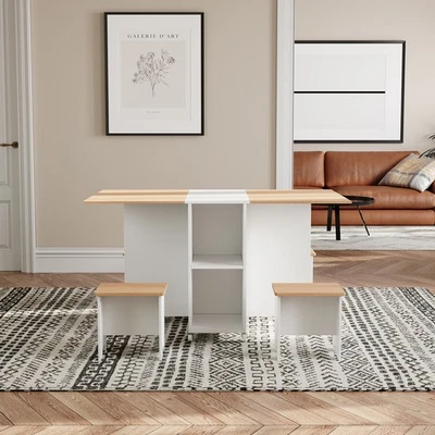 Modern Kitchen Dining Table and Chairs Set Folding Drop Leaf Table & 4 Stools - Image 1 of 4