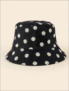 Unisex Bucket Hat Large Black and White Daisy Flower Reversible to Solid Color