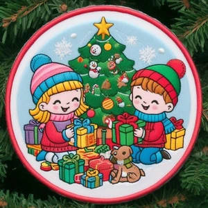 Christmas Morning Printed Embroidered Iron-on Applique Kids Opening Presents - Picture 1 of 11