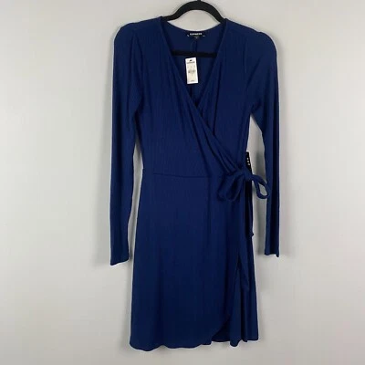 Express Ribbed Wrap Dress Size Small Navy Blue Long Sleeve Mini Stretch - Image 1 of 4