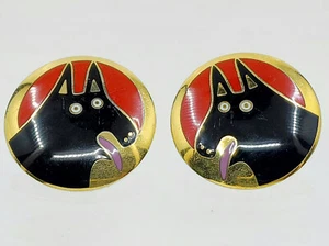 VINTAGE 1980's SIGNED LAUREL BURCH ENAMEL BASSO DOG EARRINGS ~ 1.25" - Picture 1 of 13