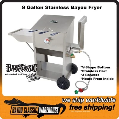 Bayou Classic 700-709 Acero Inoxidable 9 Galones Freidora 3 Cestas Ruedas Carro Foto 1 de 4