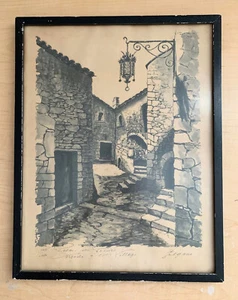 Litografía de dibujo a tinta enmarcada Old Village Eze France firmada por el artista Gilgane - Imagen 1 de 3
