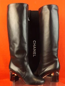 NIB CHANEL G30451 BLACK LEATHER LUCITE PEARL HEEL TALL CLASSIC BOOTS 40 $1825 - Picture 1 of 12