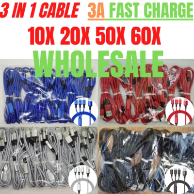 Wholesale 3A Fast Charging Cable 3 in 1 Charger Cord For iPhone USB-C Micro USB - Image 1 of 4