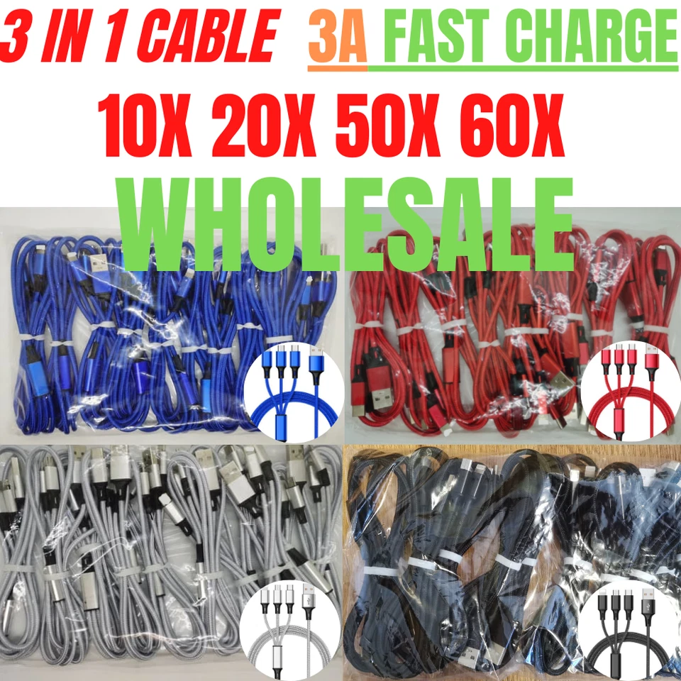 Wholesale 3A Fast Charging Cable 3 in 1 Charger Cord For iPhone USB-C Micro USB - Image 1 of 4