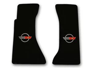 1984-1990 Chevrolet Corvette 2pc Black Carpet Floor Mats w Silver C4 Flags Logo - Picture 1 of 4
