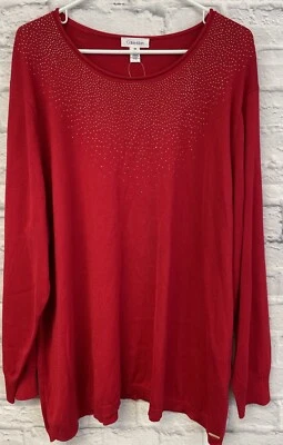 NEW Calvin Klein sweater womens 3X tunic red rhinestone pullover embellished top - Image 1 of 4