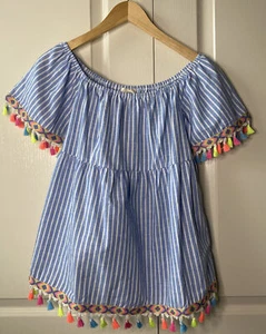 Entro Womens Blouse Blue White Striped Off Shoulder Tassel Shirt Sz S NWT - Picture 1 of 5