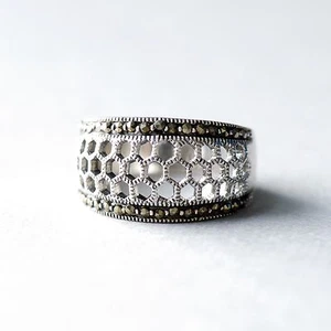 925 Sterling Silber Waben Vintage Stil Statement Ring m. Markasiten Steinen - Bild 1 von 3