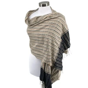 Sonas To America Womens Tan Black Handwoven Striped Cotton Scarf Wrap New - Picture 1 of 12