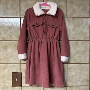 Girls Sherpa Trim Courderoy Winter Dress, Holiday Party Dusty Pink, Sz 7 Yr - Picture 1 of 8