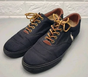 Polo Ralph Lauren Vaughn Sneakers Canvas Casual Shoes Black Leather Trim 11.5 D - Picture 1 of 9