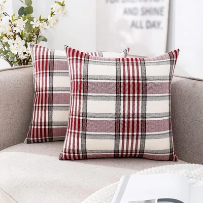 Set of 2 Red Plaid Throw Pillow Covers 16x16 Farmhouse Christmas Decorative - Image 1 of 4