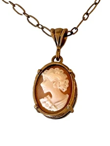 Extasia Shell Cameo on Delicate Brass Necklace Hand Carved In Italy Signed - Picture 1 of 13