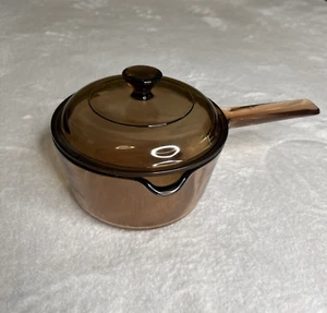Vision Ware Corning Pyrex 1 L 6" Amber Glass Pot Sauce Pan Set with Lid USA - Picture 1 of 7