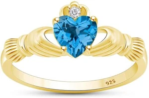 Heart Shape Simulated Blue Topaz Claddagh Ring 14k Yellow Gold Plated Silver 925 - Picture 1 of 10