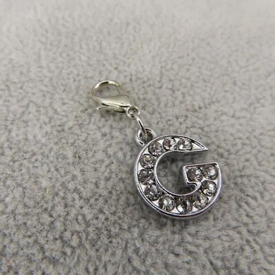 RHINESTONE Initial LETTER G Charm Zipper Pull Keychain Add On Clip Silver Tone - Image 1 of 4