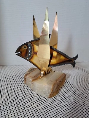 Arte en metal latón escultura mármol bandas ónix? Pez Base Firmado Mario Jason? Foto 1 de 4