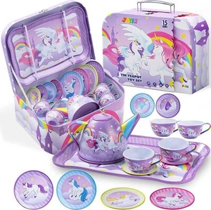 JOYIN Unicorn Tea Party Pretend Tin Teapot Set for Little Girls Birthday Gift - Picture 1 of 8