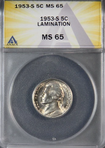 1953 S Jefferson Nickel Lamination Error MS65 Uncirculated ANACS Cover