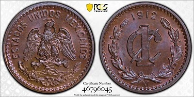 MEXICO ESTADOS UNIDOS  1912  1 CENTAVO COIN PCGS CERTIFIED UNCIRCULATED MS66-BN - Image 1 of 4