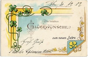 Cartolina Art Nouveau Capodanno, Auguri per Capodanno Ghirlanda Quadrifoglio 1900 circa - Foto 1 di 1