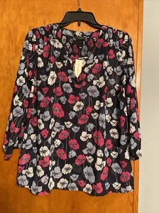 New Ann Taylor Semi Sheer Navy Pink Floral Blouse Smocking Size Small NWT - Picture 1 of 10