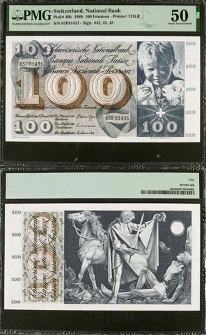 1969 Banknote Switzerland 100 Francs St. Martin Sharing Cape P# 49k AU 50 Cover