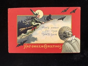 GEBRAUCHTE HALLOWEEN POSTKARTE QUÄKER MÄDCHEN & HEXE, "WAS FÜR DICH GEDACHT IST, WERDEN SIE HABEN" - Bild 1 von 2