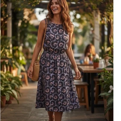 eShakti Sleeveless Dress Women's Large Lavender Peach Floral Burst Midi Casual - Image 1 of 4