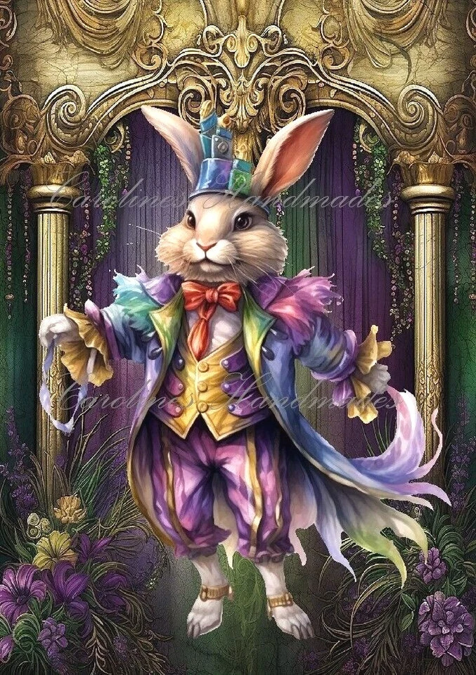 Mardi Gras Rabbit A Designer MULTI-SIZE Cotton Fabric Quilt Block - Image 1 of 1