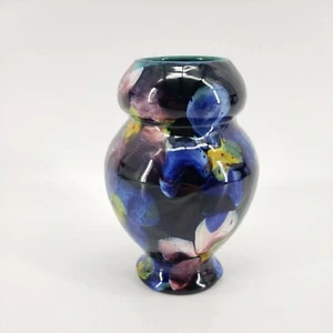 Vintage Cobalt Floral Pansy Vase Hand Painted Vase 5" Signed Small Vessel - Imagen 1 de 11