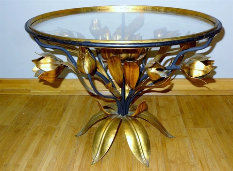Mid-Century Hollywood Regency Italian Gold Tole Magnolia Glass Top Table Cover