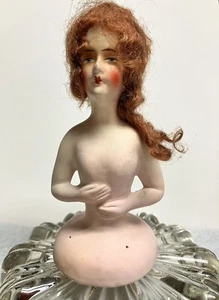 Vintage GERMANY CHALKWARE PIN CUSHION BOUDOIR DOLL BUST (5.5”)-Auburn Mohair Wig - Picture 1 of 12