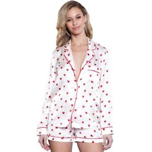 Satin Heart Print Pajama Set Long Sleeves Button Top Collar Sleep Shorts 1887 XL