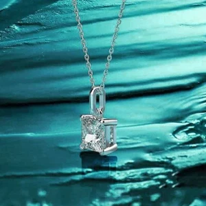 D VVS1 Princess Cut Moissanite Pendant Necklace Women 925 Sterling Silver Chain - Picture 1 of 15
