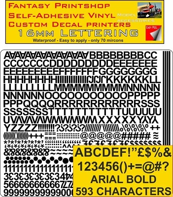RC Vinyl Aufkleber Abziehbilder Ariel BUCHSTABEN ZAHLEN 16MM VORGESCHNITTEN FPRC803 SCHWARZ MATT - Bild 1 von 4