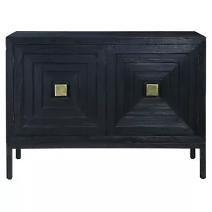 Geometric Dark Wood Squares Accent Cabinet Ebony Gold Brass Console Table - Picture 1 of 17