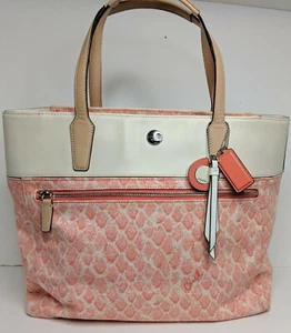 COACH Resort Snake Print Canvas Leather Tote Handbag Shoulder Bag Peach Coral - Picture 1 of 11