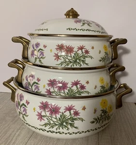 Lincoware Enamelware Brass Wildflower French Fleur Dutch Oven Set Vintage 3 Pots - Picture 1 of 12