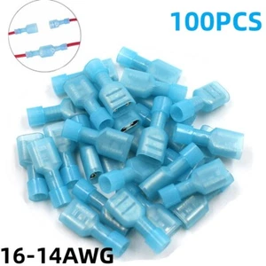 100PCS Insulated Female Male Spade Crimp Terminal Wire Connectors Blue 16-14AWG - Picture 1 of 18