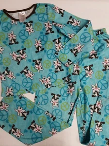 Girls Flannel 2-Pc Sleepwear L/S Shirt & Pants, Puppies & Peace Signs Size 10-12 - Picture 1 of 6