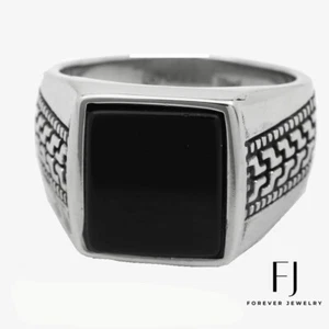 Men's Stainless Steel,Square Black Onyx,Ring size 7 8 9-13 High Polish*BOX - Picture 1 of 4