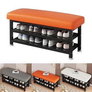 2-Tier Shoes Storage Cabinet Bench PU Leather Cover Shoe Rack Organizer Entryway - Picture 1 of 21