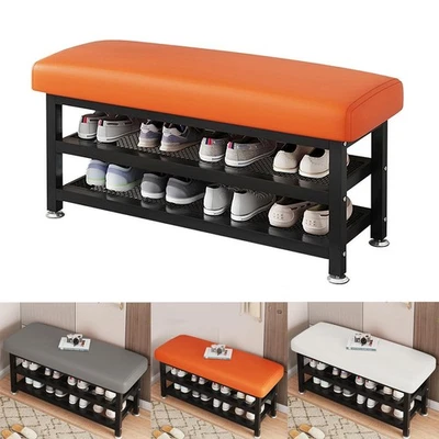 2-Tier Shoes Storage Cabinet Bench PU Leather Cover Shoe Rack Organizer Entryway - Image 1 of 4