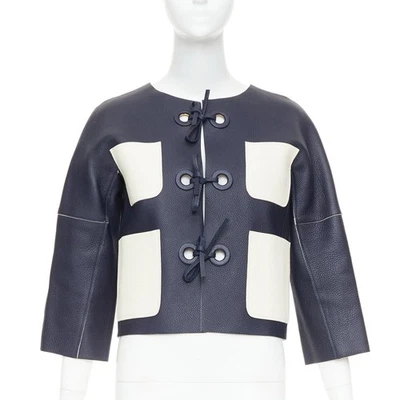 LOUIS VUITTON navy off white textured leather tie front jacket FR36 M - Image 1 of 4