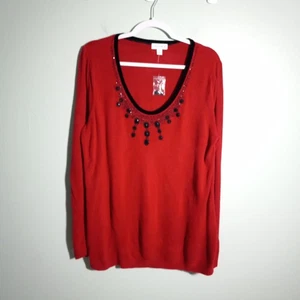 Suéter Susan Graver Talla XL NUEVO Rojo Terciopelo Estrás Cuentas Tejido Fiesta de Vacaciones - Imagen 1 de 9
