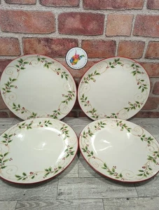 Lenox Holly Scroll Porcelain Dinner Plates Set Of 4 Red Rim Christmas New In Box - Picture 1 of 13